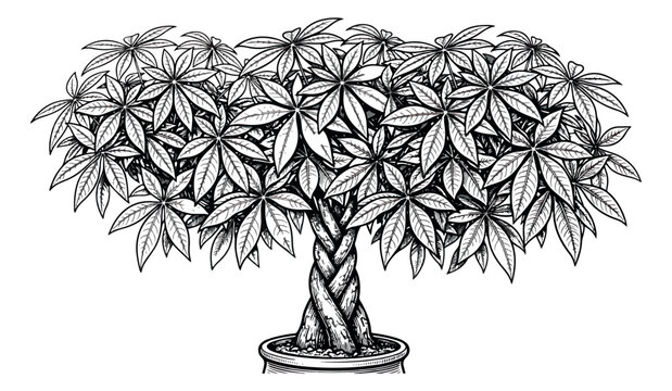Vintage money tree vector illustration, hand drawn pachira aquatica plant with braided trunk, potted tropical houseplant in woodcut style