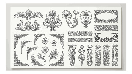 Vintage Art Nouveau floral ornaments set, decorative black line borders and corners, elegant botanical filigree vector elements for wedding invitations © I'm_coming