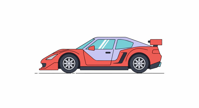 A cartoon-style illustration of a sleek, red and lavender sports car with a spoiler