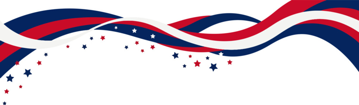 American flag colors wavy header with falling stars banner design element for patriotic events and celebrations.