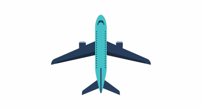Top-down view of a stylized, modern jet airplane with dark blue wings and tail, and a turquoise fuselage