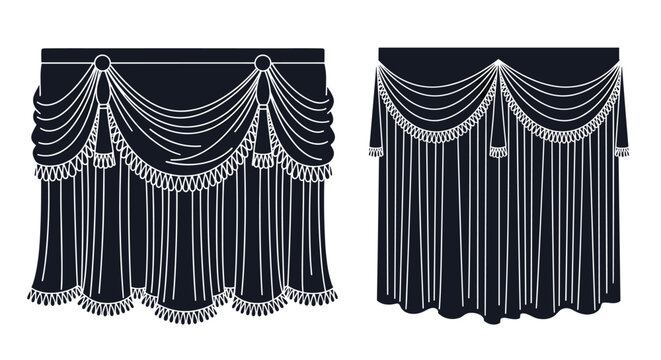 Set of two black curtain valance designs with ornate fringe and tassel decorations shown as white outlines on a dark background.