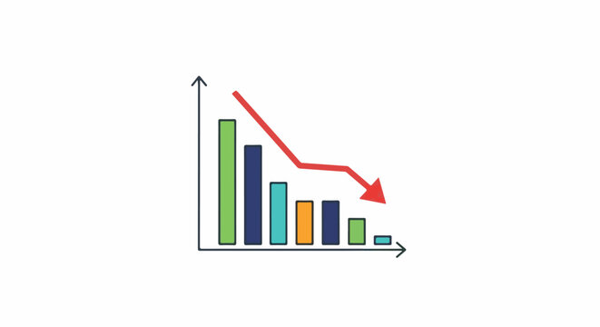 A colorful bar chart shows a downward trend with a red arrow indicating a decline