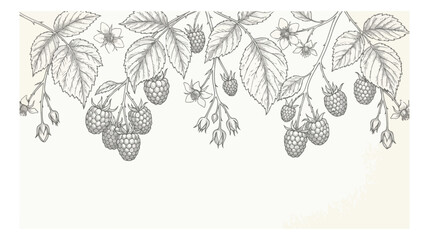 Vintage raspberry botanical illustration, hand drawn berry branches with leaves and flowers, elegant sketch border for organic food packaging © I'm_coming