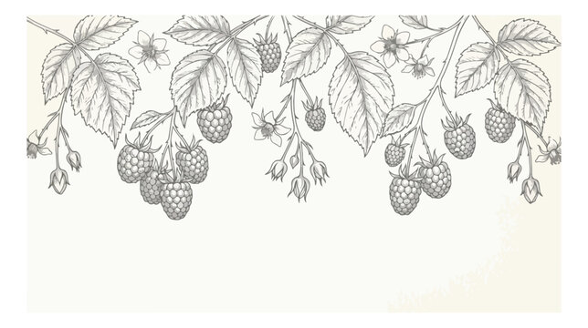 Vintage raspberry botanical illustration, hand drawn berry branches with leaves and flowers, elegant sketch border for organic food packaging