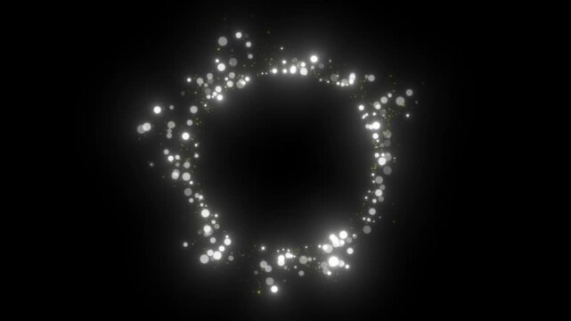 White bokeh light spark glitters in circle animation isolated on black background