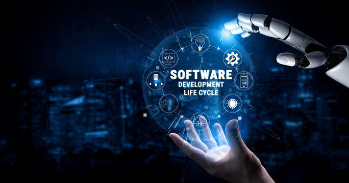 Futuristic Robotic Hand Interacting with Software Development Life Cycle Icons in a Technological Background Quark.