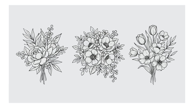 Hand drawn floral bouquet vector set, vintage line art flower arrangements with anemones and tulips, elegant botanical sketches for wedding invitations