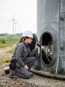 Technician Inspecting Equipment Inside Wind Turbine Structure