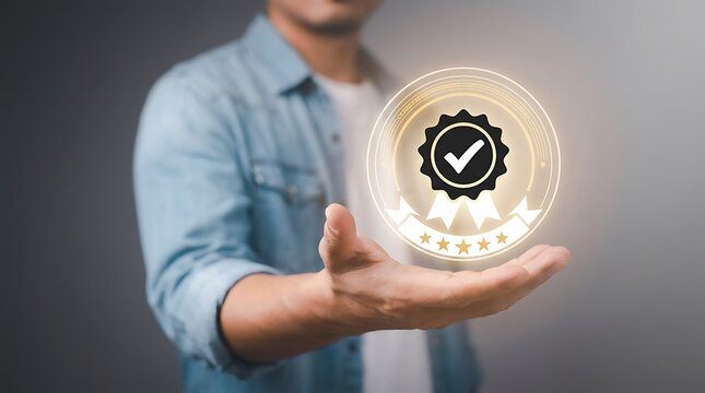 Hand holding glowing quality badge with checkmark representing excellence certification and trust