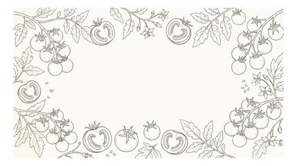 Fototapeta premium Vintage tomato line art frame, hand drawn cherry tomatoes on vine border, botanical vegetable sketch vector illustration for organic food packaging