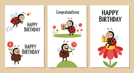 Fototapeta premium Collection of three cute ladybug-themed birthday greeting cards with cheerful characters holding flowers and gifts for a special celebration.