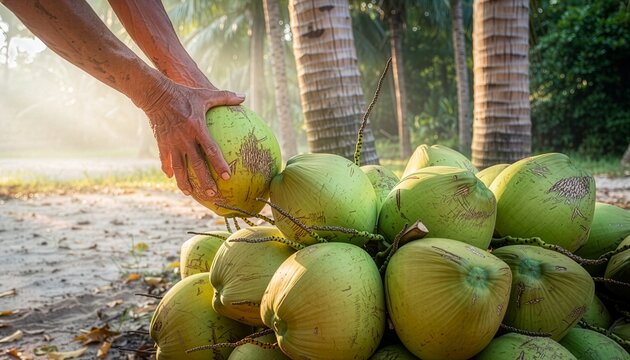 Farmer stacking fresh young green coconuts on tropical sandy beach under palm trees