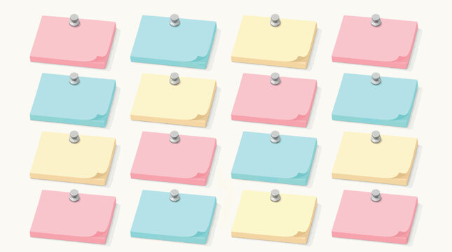 A grid of colorful sticky notes are pinned to a surface, each a different pastel shade.