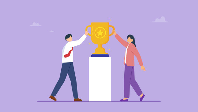 Businesspeople partners holding gold cups successful win-win benefit. Teamwork to achieve business goal, win-win strategy solution concept.