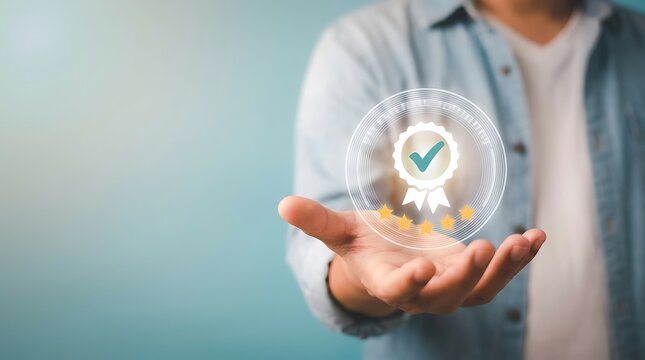 Hand presenting digital verification badge symbolizing approval trust and authentication concept