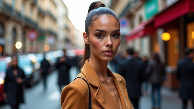 A chic elegant outfit iteration walking down a bustling city street surrounded by people cars