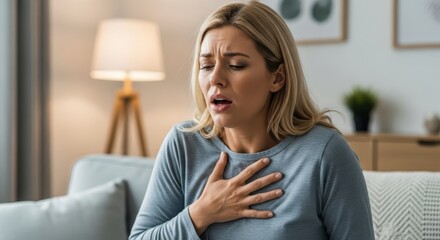 Obraz premium Distressed Woman Suffering from Sudden Chest Pain or Difficulty Breathing While Sitting on Sofa at Home