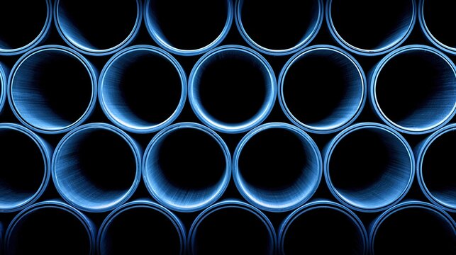 Symmetrical front view of circular steel tubes stacked together. Concept of industrial geometry, metallurgy storage, and engineering precision.