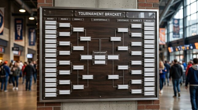 Tournament bracket board displaying elimination ladder in large indoor venue