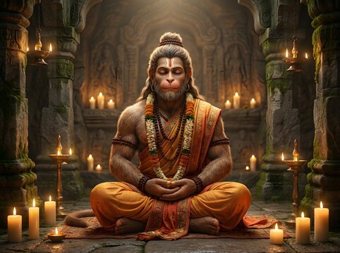 Hanuman statue meditating in ancient candlelit temple setting