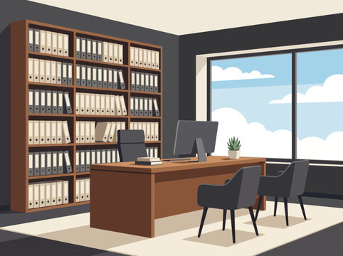 A modern office interior with desk, chairs, and bookshelves near a window