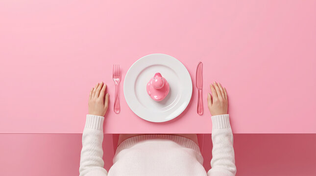 Environmental toxicity and artificial consumption depicted by a pink synthetic rubber toy served on white ceramic with plastic cutlery on pink background.