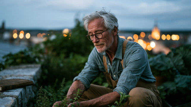 Twilight blue hour rooftop urban garden where older man harvests September herbs following circadian-aligned daily rhythm, habitual timing visible in practiced movement, city