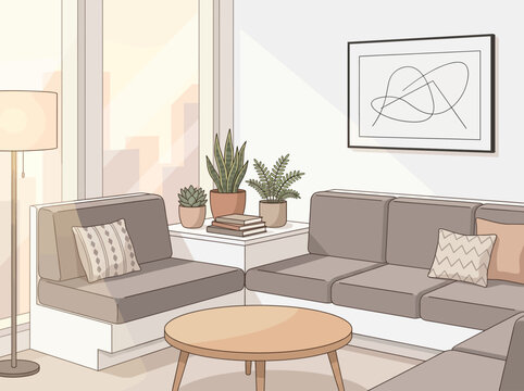 A serene living room scene with a sofa, coffee table, and plants near a window overlooking cityscape.