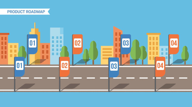 A cityscape illustration shows a product roadmap on a road with buildings and trees.