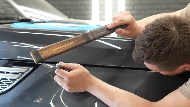 PDR. Paintless Car Dent Repair. Process of paintless dent repair on car body. The mechanic at the auto shop with tools to repair dents in car body. Body repair. A specialist repairs a dent on the car.