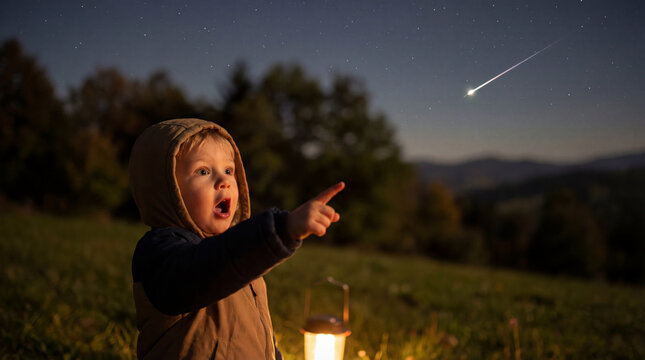 Toddler pointing at bright meteor in night sky with surprised expression beside lantern on grassy hill showing wonder astronomy discovery childhood magic family camping memory cosmic night