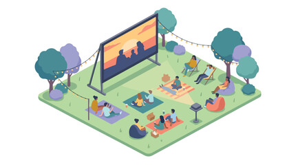 Fototapeta premium Outdoor Movie Night Isometric Illustration for Community Gathering and Leisure Event Concepts