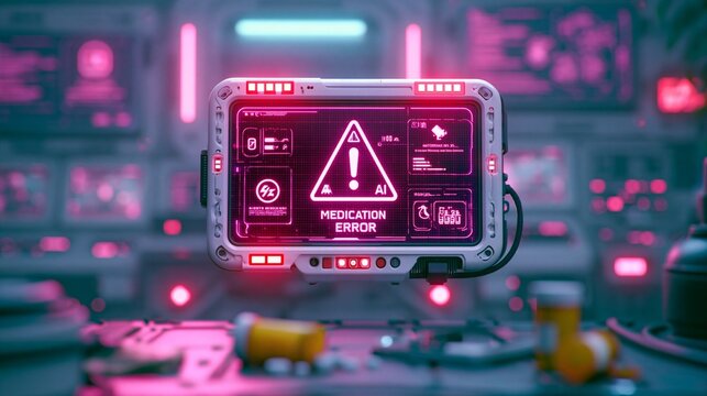 Sharp focus on a floating AIpowered medication error monitor with blurred background of a hightech control room bathed in dramatic magenta and cyan cyberpunk lighting.