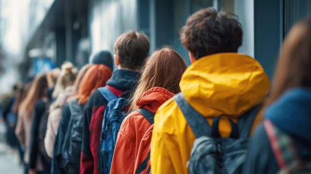 A dense crowd of diverse people standing in a line outdoors in selective focus. Concept of high demand, patience, mass event, and urban social behavior.
