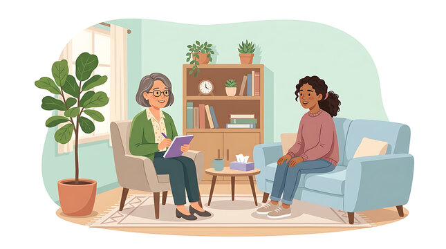 Psychologist taking notes during therapy session with young female patient