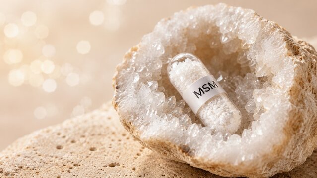 Crystal and capsule on rock revealing health benefits of MSM compound and its natural origin in a simple display suitable for health and wellness topics