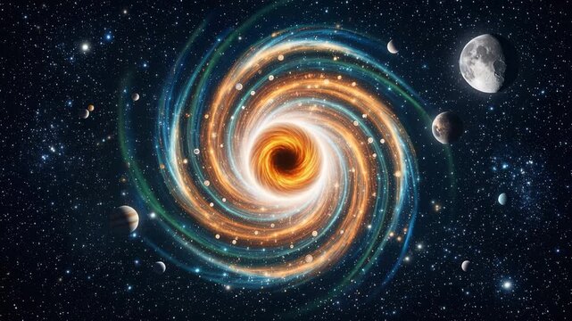 Cosmic black hole with swirling glowing accretion disk and orbiting planets in deep space 4k video