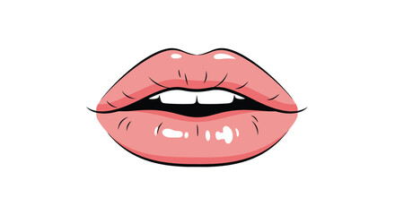 Fototapeta premium Close-up artistic illustration of shiny pink female lips with white teeth visible in a slightly open and expressive facial expression.