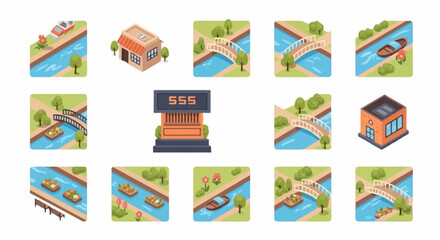 Isometric Cityscape Elements Featuring Canals, Bridges, Buildings, and Boats. © Nora
