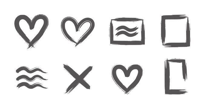 Collection of hand drawn dark grey brush stroke hearts waves x and squares