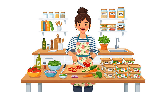 Woman preparing meal prep containers in bright modern home kitchen