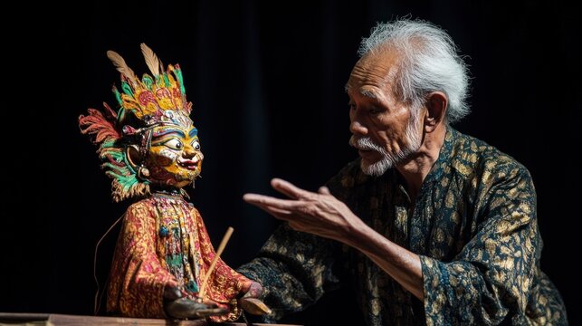 Puppet show performer with traditional puppet