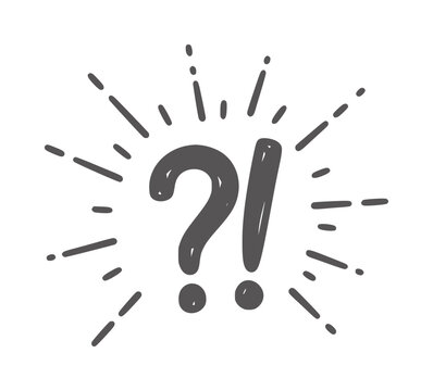 Dark gray question mark and exclamation point with radiating lines