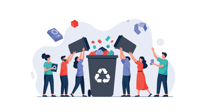 Community group working together to empty waste bins and recycle items into a large central recycling bin to protect the environment.
