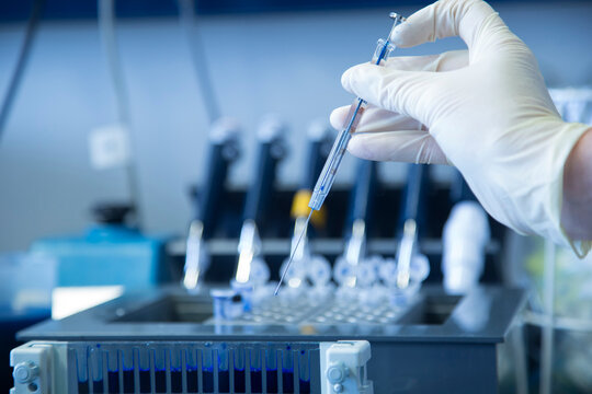 Hand with protective glove holding a syringe at biochemistry labroratory