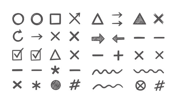 Hand drawn dark grey circles squares triangles arrows crosses checks asterisks waves plus minus hash