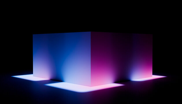 Abstract glowing neon pink and blue cube on dark background