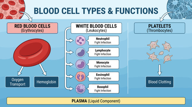 Blood cell types functions medical infographic with red cells white cells platelets plasma diagrams circulation immunity clotting concept for healthcare education poster clean vector