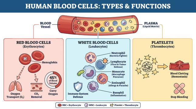 Human blood cells types functions educational medical infographic with red cells white cells platelets plasma circulation immunity clotting concept for biology learning clean vector